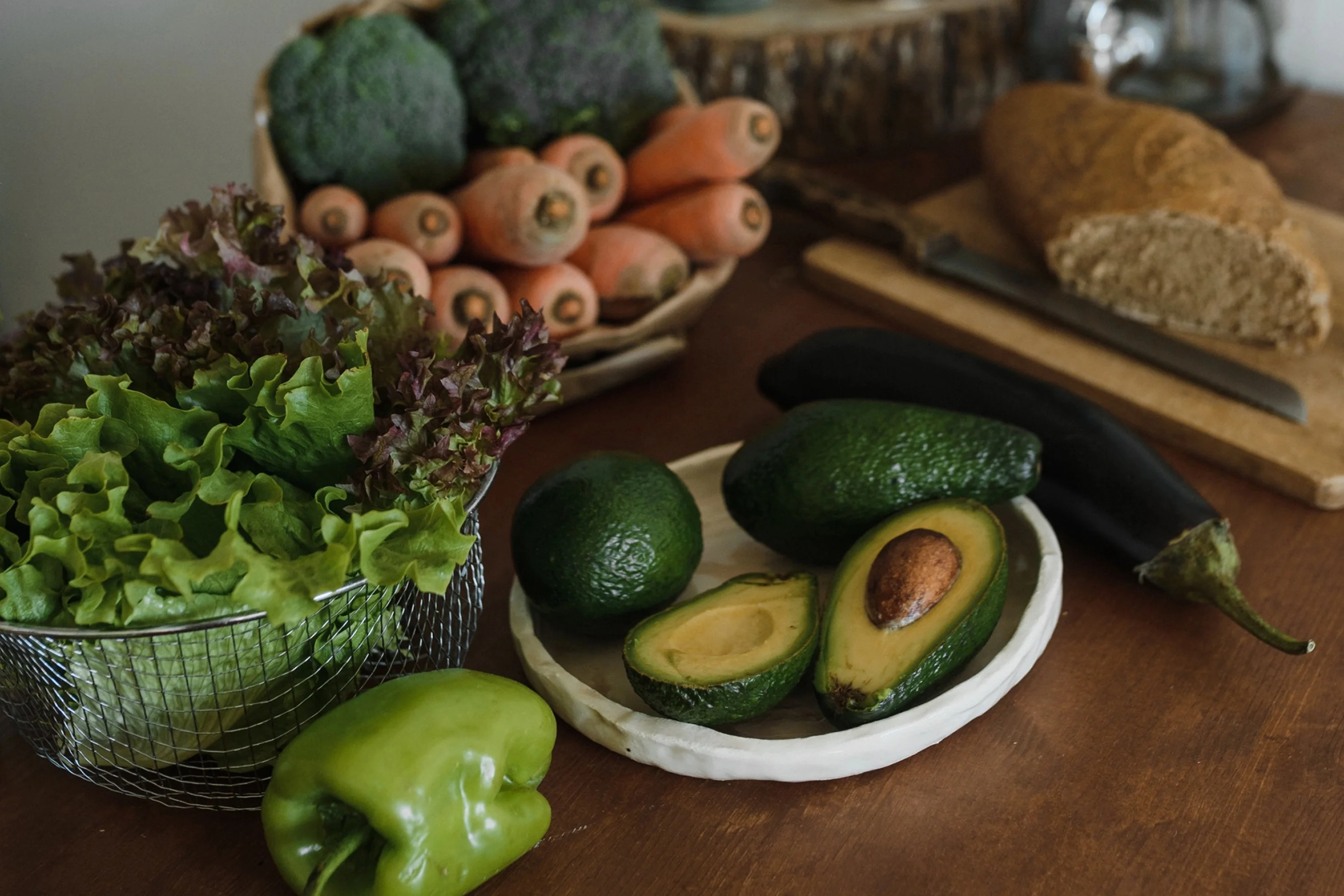 a counter full of produce